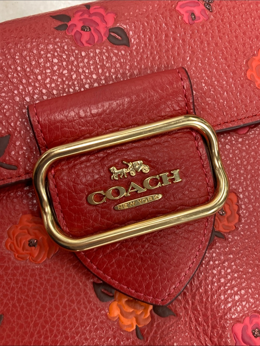 Coach Red Floral Pebbled Leather Crossbody with Gold Hardware - Picture 7 of 9